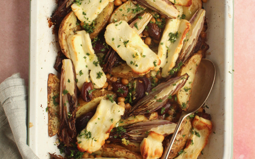 Potato, Red Chicory and Chickpea Tray Bake with Halloumi & Black Olives