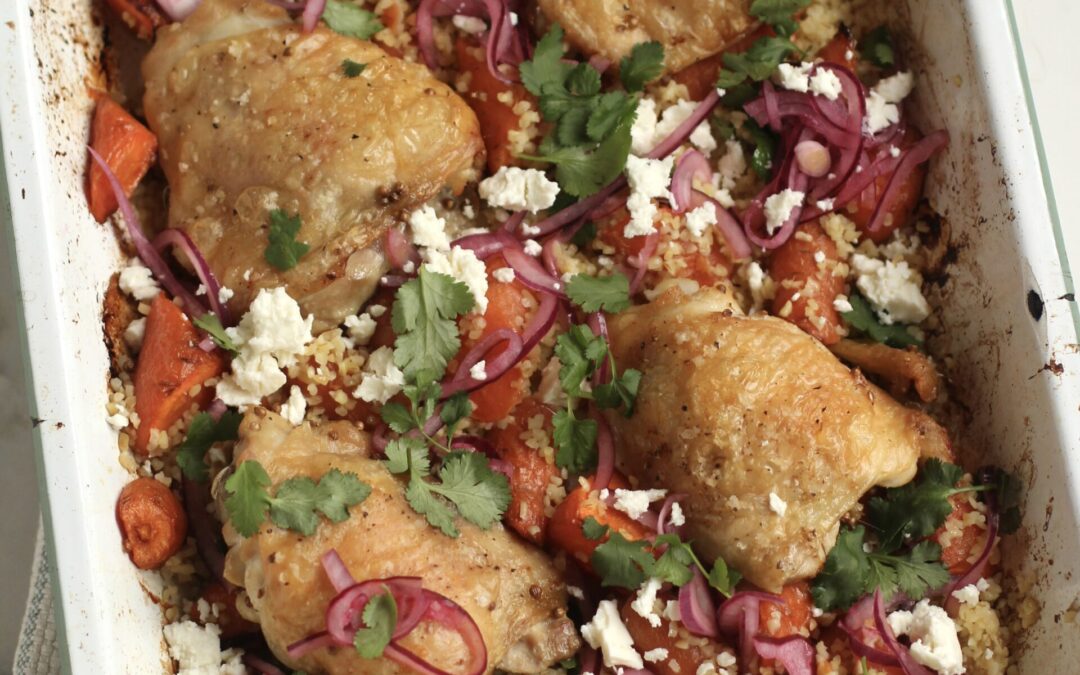 Carrot and Coriander, Chicken Thigh Tray Bake with Bulgur Wheat and Feta