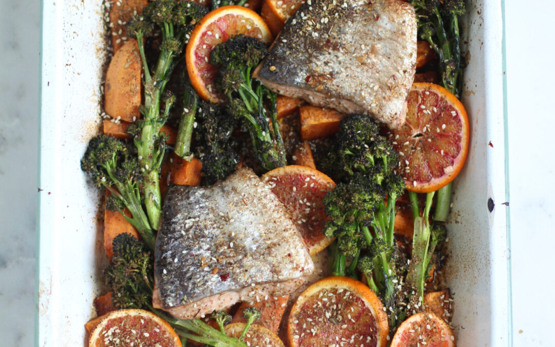 Pomegranate Molasses Marinated Salmon Traybake with Sweet Potato, Purple Sprouting Broccoli and Blood Orange