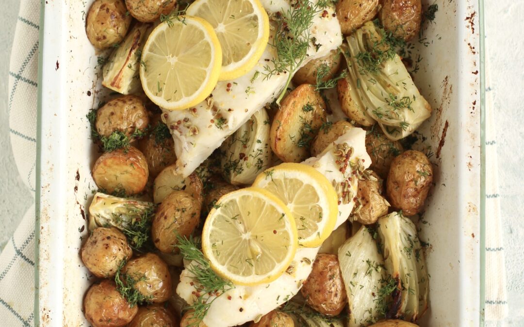 Roasted New Potato, Fennel and Hake Tray Bake 